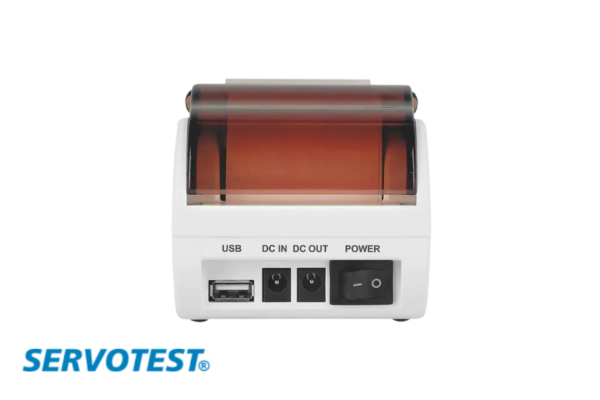 Rückseite des Servotest® Thermodrucker mit USB Anschluss, DC In, DC Out und Powerknopf