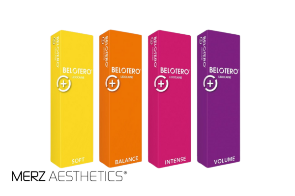 Übersicht aller Belotero Lidocaine Produkte nebeneinander: Belotero SOFT, Belotero BALANCE, Belotero INTENSE, Belotero VOLUME
