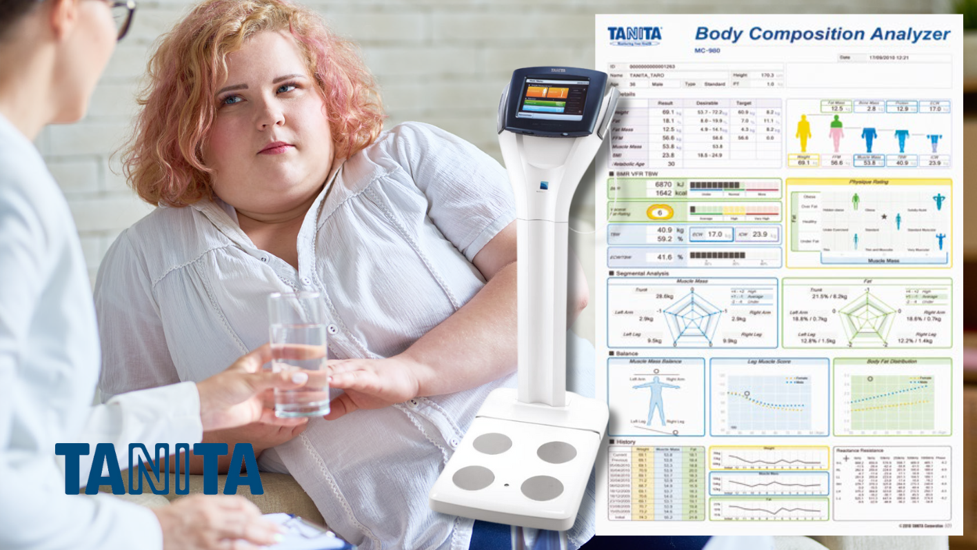 Körperanalysewaage MC-980MA PLUS mit Auswertungsbogen und einer Übergewichtigen Frau auf einem Sofa